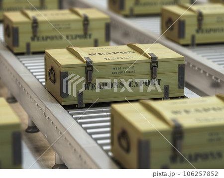 Military wooden crate with weapon on conveyor belt. Weapon production and export. 106257852