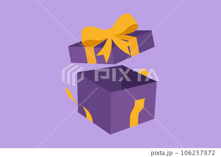 Graphic flat design drawing opened gift box with confetti. Present package with bursting element, surprise inside, celebration event, presents, birthday logo, symbol. Cartoon style vector illustration 106257872