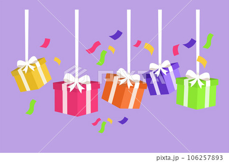 Cartoon flat style drawing of gifts box party logo, icon, label, symbol. Bday presents cardboard box hanging on rope, banner template with happy birthday typography. Graphic design vector illustration Cartoon flat style drawing of gifts box party logo, icon, label, symbol. Bday presents cardboard box hanging on rope, banner template with happy birthday typography. Graphic design vector illustration 106257893