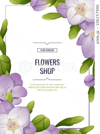 Flyer with freesia flowers. Beautiful backgroundwith purple flowers and buds. Spring card, banner, wedding invitation Flyer with freesia flowers. Beautiful backgroundwith purple flowers and buds. Spring card, banner, wedding invitation 106257990