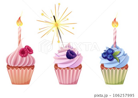 Set of cupcakes with candles and sparklers on an isolated white background. Beautiful cupcake with raspberries, blackberries, blueberries and cream. Bright festive illustration of a birthday muffin 106257995