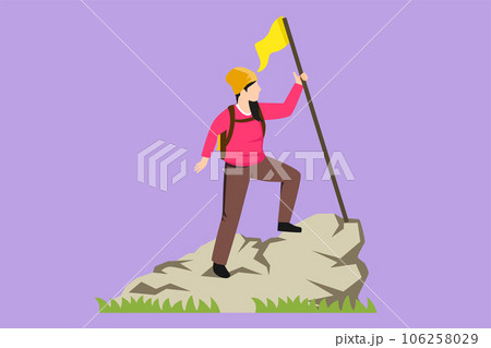 Graphic flat design drawing beautiful woman climber standing on top of mountain with flag. Young smiling mountaineer climbing on rock. Adventure tourism trip symbol. Cartoon style vector illustration 106258029