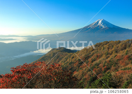 紅葉の三つ峠からの富士山眺望　山梨県河口湖町 106258065