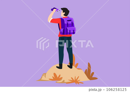 Graphic flat design drawing back view of man with backpack, binoculars in summer mountain landscape, outdoor activity, travel, camping, backpacking trip, expedition. Cartoon style vector illustration 106258125