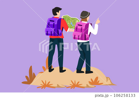 Character flat drawing back view of happy romantic couple planning the route and looking at the map. Travel, vacation, holiday, adventure symbol. Mountain landscape. Cartoon design vector illustration 106258133