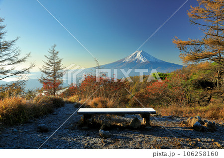 紅葉の三つ峠からの富士山眺望　山梨県河口湖町 106258160