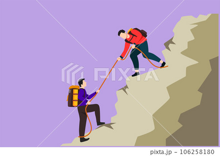 Cartoon flat style drawing active two man hikers climbing up mountain and helping to each other with rope. Business, success, achievement and goal concept, symbol. Graphic design vector illustration Cartoon flat style drawing active two man hikers climbing up mountain and helping to each other with rope. Business, success, achievement and goal concept, symbol. Graphic design vector illustration 106258180