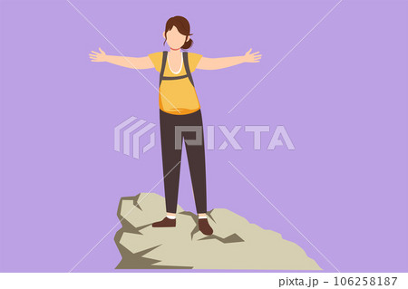 Character flat drawing successful climber woman stands with arms outstretched on top of mountains. Female raised her hands up in joy. Achieving success. Girl power. Cartoon design vector illustration 106258187