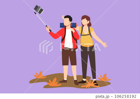 Cartoon flat style drawing of romantic couple tourist with backpack taking selfie over beautiful nature landscape background. Young man and woman hiking nature trip. Graphic design vector illustration 106258192