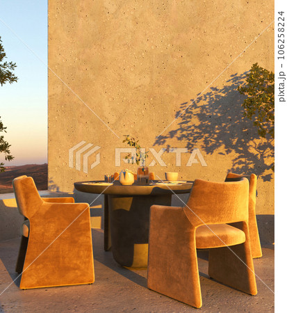 Outdoor beige scandinavian balcony with modern stone dining table and orange chairs. Beautiful nature sunset mountains view and blue sky background. 3d rendering mockup. High quality 3d illustration Outdoor beige scandinavian balcony with modern stone dining table and orange chairs. Beautiful nature sunset mountains view and blue sky background. 3d rendering mockup. High quality 3d illustration 106258224