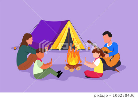 Cartoon flat style drawing happy camping hiking family warm their bodies around campfire tents. Dad playing guitar, mom and kids sitting on ground and sing a song. Graphic design vector illustration 106258436