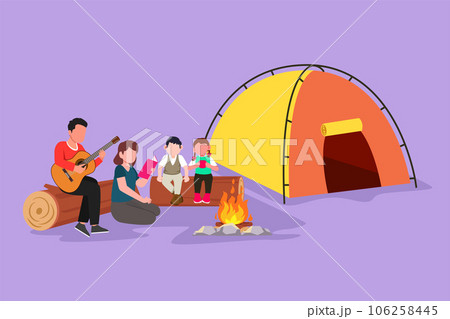 Cartoon flat style drawing of family fun at summer camping spending time together. Dad playing guitar and sing a song with son. Mom reading story book with daughter. Graphic design vector illustration 106258445