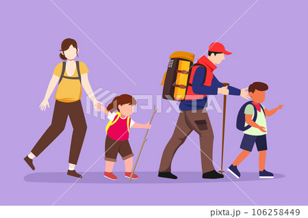 Graphic flat design drawing happy family traveling together in mountains. Father, mother and children hiking, trekking, holiday and camping with backpack at nature. Cartoon style vector illustration Graphic flat design drawing happy family traveling together in mountains. Father, mother and children hiking, trekking, holiday and camping with backpack at nature. Cartoon style vector illustration 106258449