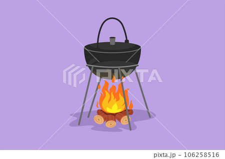 Character flat drawing of cooking dinner in camping pot over bonfire. Cauldron and campfire logo, icon, symbol. Outdoor grass, branch, stones. outdoor nature picnic. Cartoon design vector illustration 106258516