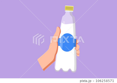 Graphic flat design drawing hand holding water bottle in the park morning sunrise logo, icon symbol. Young woman drinking water after run, sport, health care concept. Cartoon style vector illustration 106258571
