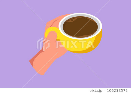 Character flat drawing stylized hand hold cup of coffee steam light bulb. Worker want to drink coffee before work. Happy break morning time at office. Black coffee. Cartoon design vector illustration 106258572