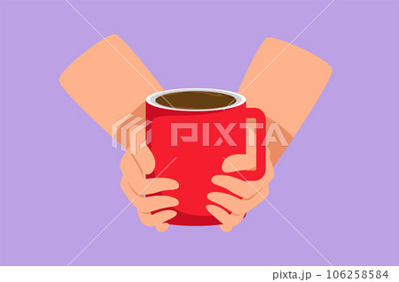 Character flat drawing stylized cup of tea in hands of men. Man warming hand touching hot cup of tea. Time relax in the morning with tea or coffee logo, icon symbol. Cartoon design vector illustration 106258584