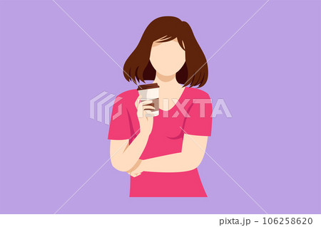 Cartoon flat style drawing young beautiful female college student standing wearing casual shirt holding a paper cup of coffee drink. Drinking tea zero waste concept. Graphic design vector illustration 106258620