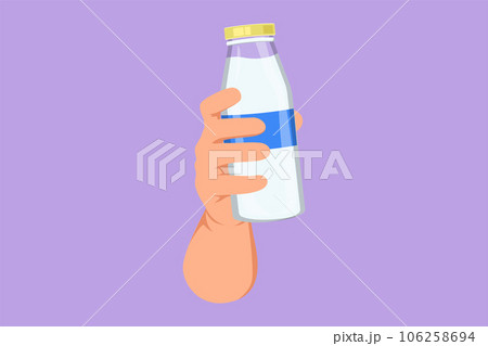 Graphic flat design drawing human hand holding fresh milk on bottle glass packaging healthy drink product. Fresh milk and health food nutrition for children or kids. Cartoon style vector illustration 106258694