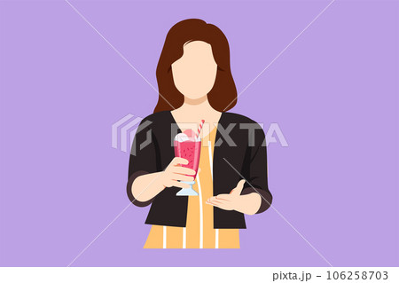 Cartoon flat style drawing young girl holding and showing glass of milkshake in office. Attractive lady having break at work. Drink milkshake with slice of orange. Graphic design vector illustration 106258703