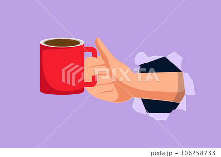 Character flat drawing of human hand holding mug of coffee through torn blue paper or hole. Have break and refreshing drink. Energizing drink to wake up at morning. Cartoon design vector illustration Character flat drawing of human hand holding mug of coffee through torn blue paper or hole. Have break and refreshing drink. Energizing drink to wake up at morning. Cartoon design vector illustration 106258733