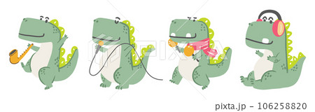 Set of Tyrannosaurus Rex . Cute dinosaurs cartoon characters . Hand drawn style . White isolate background . Vector . 106258820
