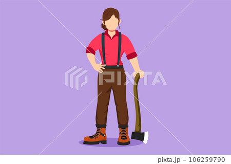Character flat drawing strong beautiful woman lumberjack with axe standing wearing suspender shirt, jeans and boots. Pretty female woodcutter pose on logging forest. Cartoon design vector illustration Character flat drawing strong beautiful woman lumberjack with axe standing wearing suspender shirt, jeans and boots. Pretty female woodcutter pose on logging forest. Cartoon design vector illustration 106259790