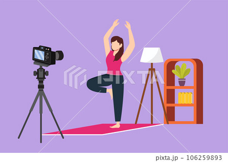 Character flat drawing beautiful woman blogger in sportswear shoots video on camera doing exercises at home. Fitness vlogger live broadcast of training session logo. Cartoon design vector illustration Character flat drawing beautiful woman blogger in sportswear shoots video on camera doing exercises at home. Fitness vlogger live broadcast of training session logo. Cartoon design vector illustration 106259893