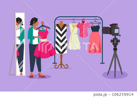 Character flat fashion blogger. Dress, online shopping, clothing store and lookbooks influencer review. Women style streamer. Stylist, fashionista, fashion advisor. Cartoon design vector illustration Character flat fashion blogger. Dress, online shopping, clothing store and lookbooks influencer review. Women style streamer. Stylist, fashionista, fashion advisor. Cartoon design vector illustration 106259914