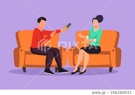 Character flat drawing of journalistic interview at tv show. Coworker, colleagues small talk, conversation. Journalist, interviewer with businesswoman communicating. Cartoon design vector illustration 106260032