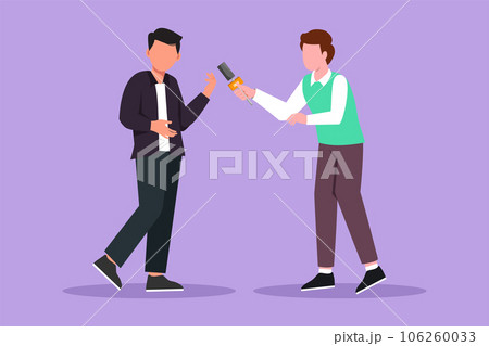 Character flat drawing male journalist with microphone making interview with young success businessman. Professional journalist in conversation, asking for opinion. Cartoon design vector illustration 106260033