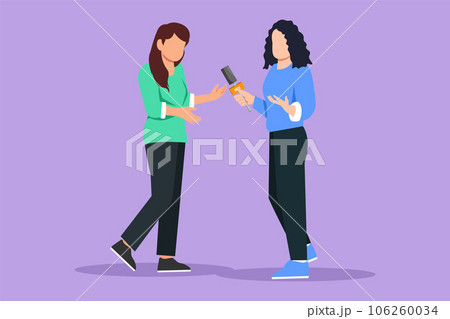 Character flat drawing success business woman giving an interview in the presence of journalist with microphone. Beautiful female tv reporter interviewing questions. Cartoon design vector illustration 106260034