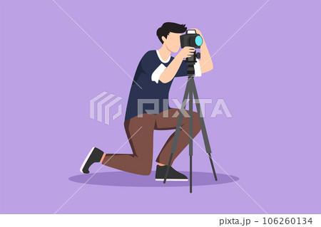 Cartoon flat style drawing professional photographer man kneeling for taking pictures with digital camera and tripod. Digital photography hobby logo, icon, symbol. Graphic design vector illustration Cartoon flat style drawing professional photographer man kneeling for taking pictures with digital camera and tripod. Digital photography hobby logo, icon, symbol. Graphic design vector illustration 106260134
