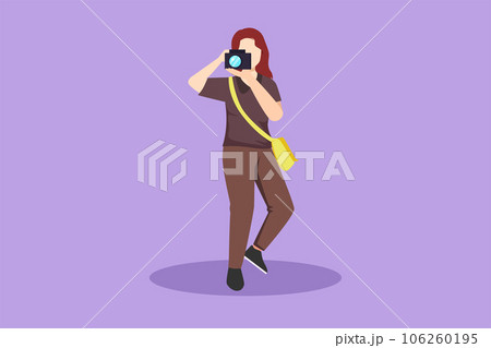 Cartoon flat style drawing beautiful woman with camera and sling bag taking pictures. Female paparazzi or journalist occupation, digital photography hobby activity. Graphic design vector illustration Cartoon flat style drawing beautiful woman with camera and sling bag taking pictures. Female paparazzi or journalist occupation, digital photography hobby activity. Graphic design vector illustration 106260195