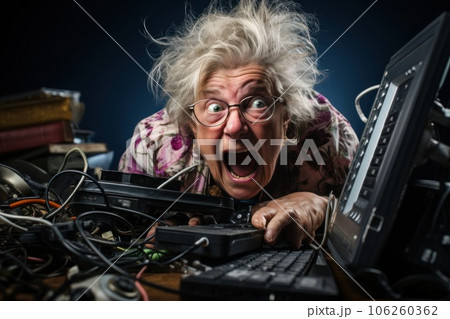 Busy senior programmer getting mad at messy table. Generative AI 106260362