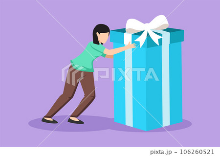 Character flat drawing young woman pushes in front of her huge gift . Giving gifts for holiday concept. Wrapped birthday gift box with bow. Present, gift, birthday. Cartoon design vector illustration Character flat drawing young woman pushes in front of her huge gift . Giving gifts for holiday concept. Wrapped birthday gift box with bow. Present, gift, birthday. Cartoon design vector illustration 106260521