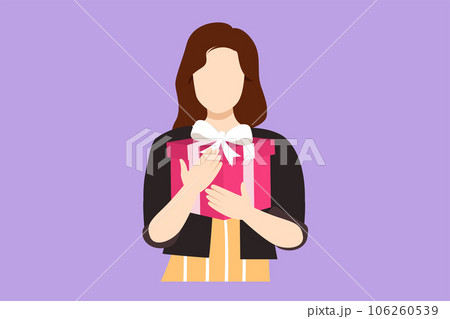 Character flat drawing of happy beautiful woman holding big ribbon bow wrapped gift box in her arms. Young female holding gift. Lady with gift box. Gift for holiday. Cartoon design vector illustration 106260539