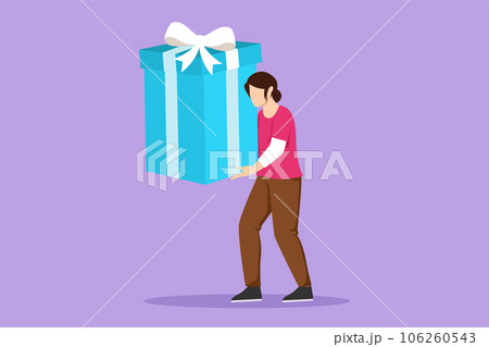 Graphic flat design drawing happy woman carrying big present box. Creative idea of earning reward, gift, or prize. Concept of celebration of best worker at company. Cartoon style vector illustration 106260543