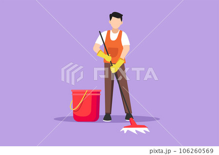 Character flat drawing cleaning company staff to work with the equipment. Attractive young man with buckets and mops. Domestic cleaner worker and cleaners equipment. Cartoon design vector illustration 106260569