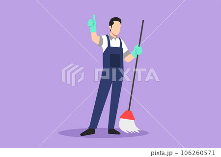Character flat drawing of smiling male cleaning company staff member holding broom and showing thumbs up gesture. Happy cleaning activity day. Cleaning company logo. Cartoon design vector illustration 106260571