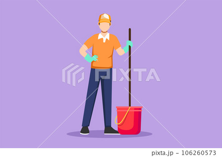 Graphic flat design drawing young man standing with buckets and mops. Cleaning service. Male dressed in uniform with cleaning equipment. Professional cleaning staff. Cartoon style vector illustration Graphic flat design drawing young man standing with buckets and mops. Cleaning service. Male dressed in uniform with cleaning equipment. Professional cleaning staff. Cartoon style vector illustration 106260573