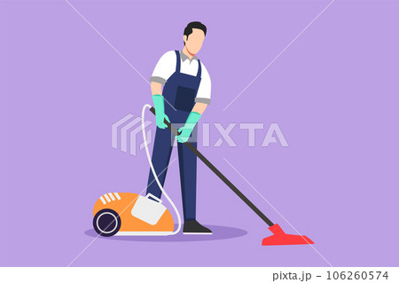 Graphic flat design drawing of active man with vacuum cleaners of various types isolated on blue background. Washing and cleaning service. Disinfection and cleaning. Cartoon style vector illustration Graphic flat design drawing of active man with vacuum cleaners of various types isolated on blue background. Washing and cleaning service. Disinfection and cleaning. Cartoon style vector illustration 106260574