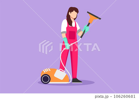 Character flat drawing young beautiful woman works at home, do cleaning in work uniform. Home vacuum cleaner. Household home appliances. Disinfection and cleaning. Cartoon design vector illustration 106260681