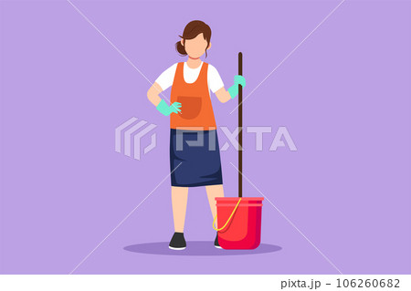 Graphic flat design drawing beautiful woman with buckets and mops. Cleaning service. Female dressed in uniform with cleaning equipment. Professional cleaning staff. Cartoon style vector illustration 106260682