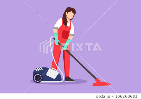 Character flat drawing of beautiful female professional busy janitor vacuum cleaning indoor, floor office cleaning, young, happy, wearing uniform, protective glove. Cartoon design vector illustration 106260683