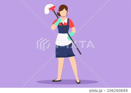 Graphic flat design drawing happy female cleaning staff member holding mop in gloves on blue background. Concept of different people like working in cleaning service. Cartoon style vector illustration Graphic flat design drawing happy female cleaning staff member holding mop in gloves on blue background. Concept of different people like working in cleaning service. Cartoon style vector illustration 106260689