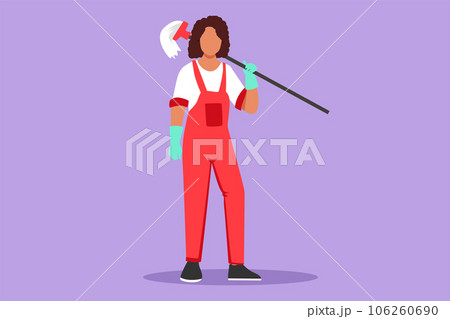 Graphic flat design drawing woman mopping floor, female cleaner janitor in uniform and bucket, cleaning service. Housework service or housekeeping workers, janitor. Cartoon style vector illustration 106260690