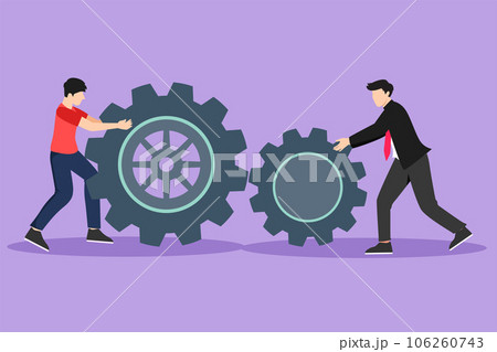Graphic flat design drawing two businessman pushing big cogs together. Teamwork cooperation in gears mechanism. Young men work on push gears, teamwork or leadership. Cartoon style vector illustration Graphic flat design drawing two businessman pushing big cogs together. Teamwork cooperation in gears mechanism. Young men work on push gears, teamwork or leadership. Cartoon style vector illustration 106260743