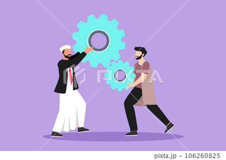 Graphic flat design drawing team of business people hold up technology gear collaboration solution. Group of Arab businessmen lifting two cogs wheel working together. Cartoon style vector illustration 106260825