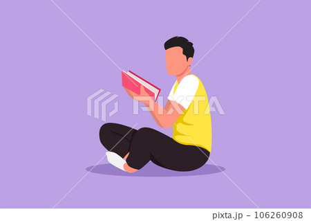 Character flat drawing side view of smart teenage man in casual clothing sitting at floor and reading literature book. Enthusiastic reader for educational and hobby. Cartoon design vector illustration 106260908